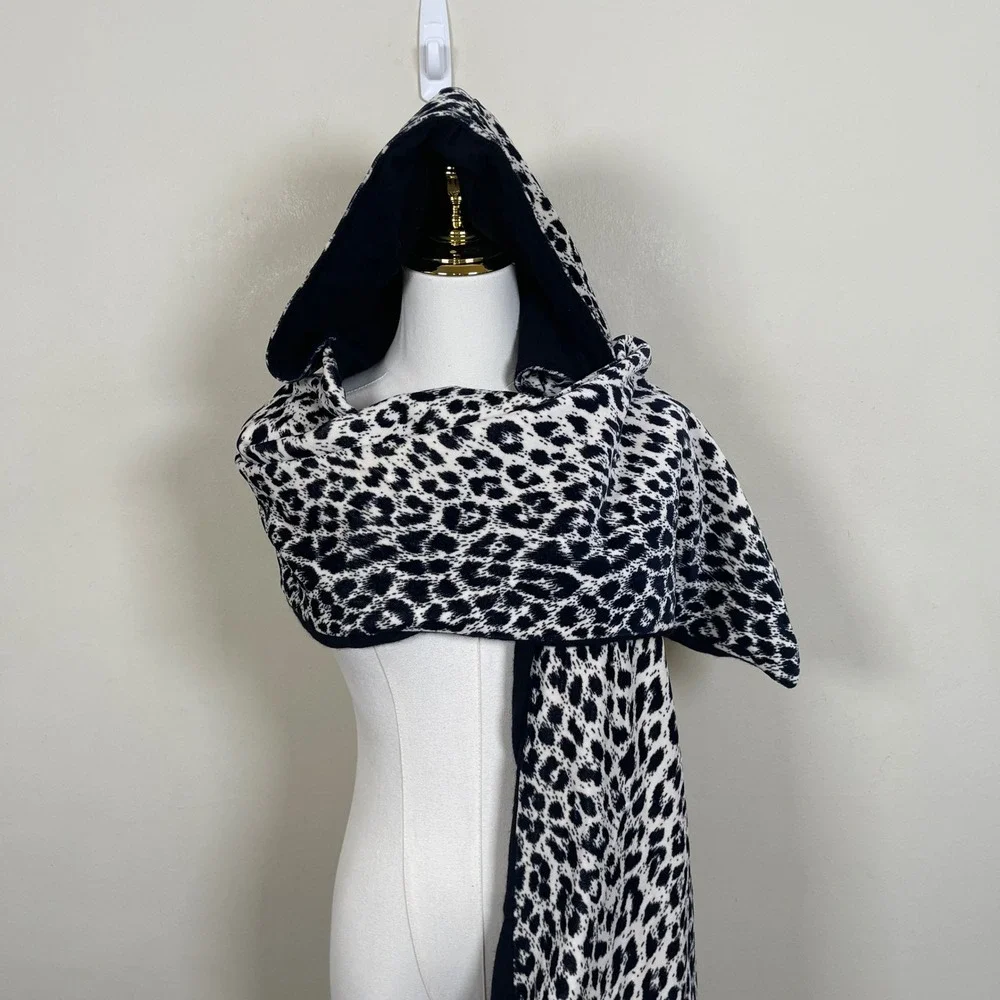 Leopard Print‎ Hooded Scarf Wrap Women Black White Animal Print Hooded Shawl